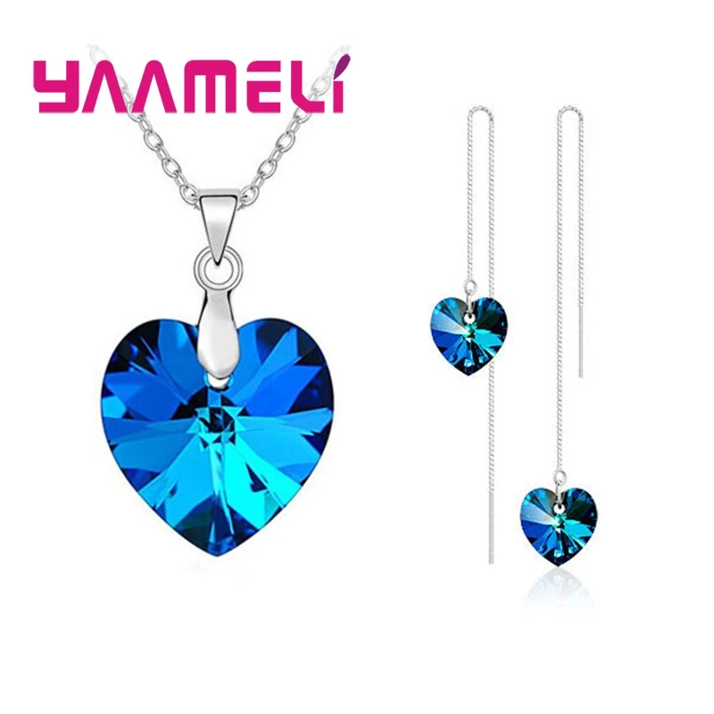 Romantic Crystal Ocean Heart 925 Sterling Silver Pendant Necklace Earring Jewelry Gift Set Long Box Chain Thread
