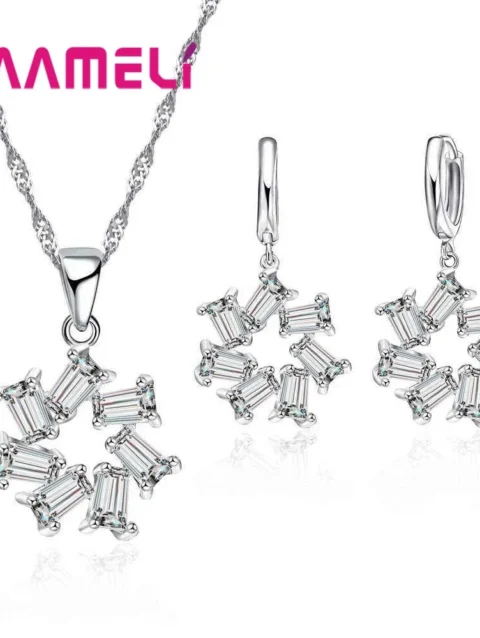 Brand Design 925 Sterling Silver CZ Zircon Statement Necklaces Earring Set Geometric Women Bridal Wedding Jewelry Sets