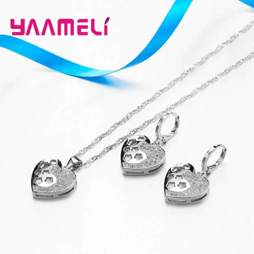 Trendy 925 Sterling Silver Heart Shape CZ Zircon Statement Necklace Earrings Jewelry Sets For Women Wedding Engagement - Image 3