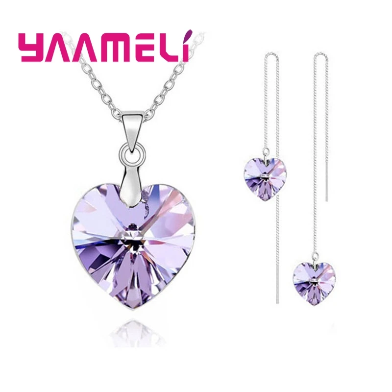 Romantic Crystal Ocean Heart 925 Sterling Silver Pendant Necklace Earring Jewelry Gift Set Long Box Chain Thread - Image 2