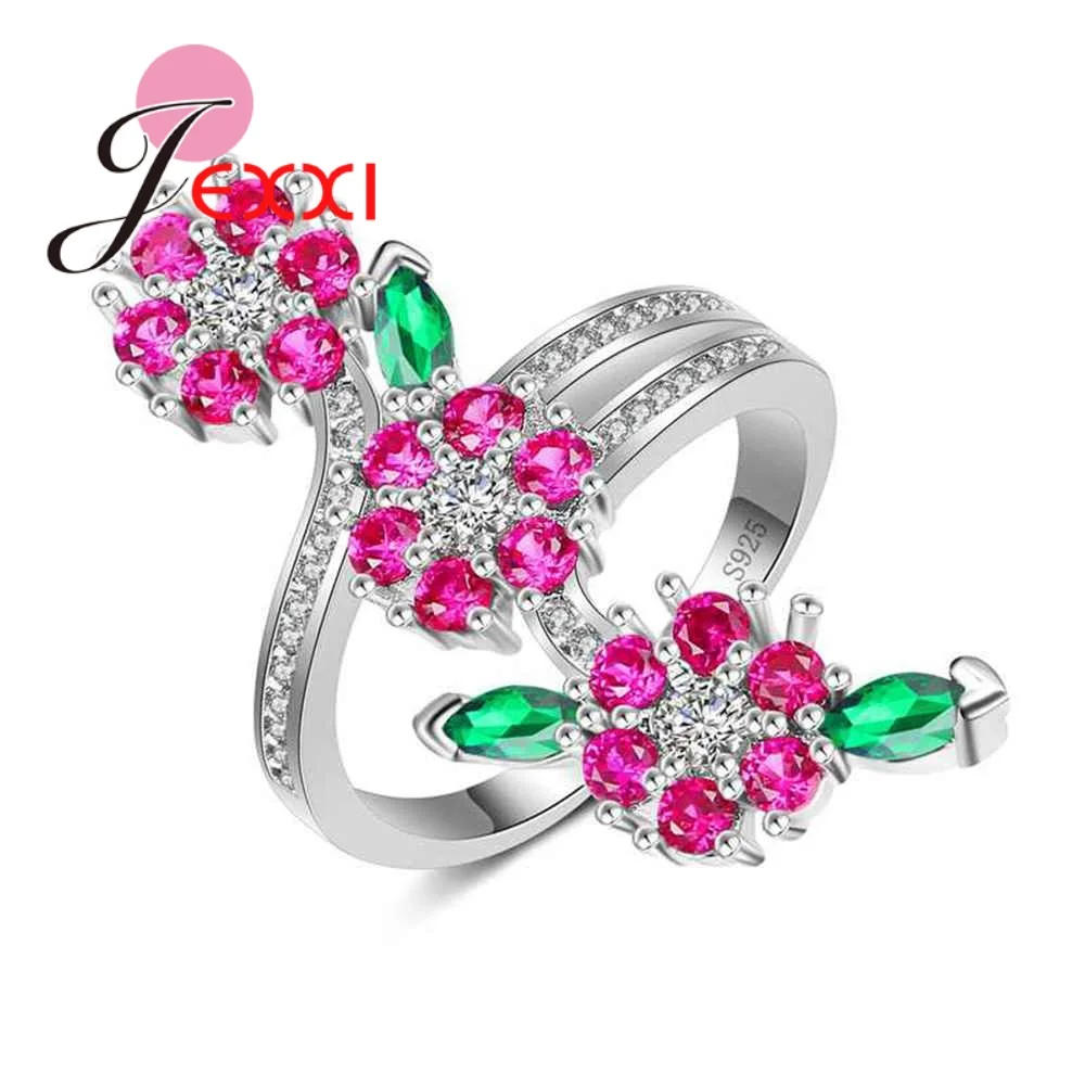 Top Quality 3 Flower Shape Jewelry Rose Color Cubic Zirconia 925 Sterling Silver Accessories New Fashion Wedding Ring
