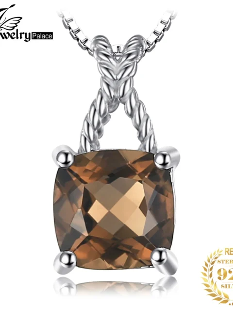 JewelryPalace Square Natural Smoky Quartz 925 Sterling Silver Pendant Necklace Gemstone Statement Necklace Women Without Chain