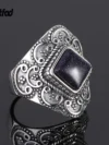 Retro Generous Natural Blue Sandstone Gemstone Rings Anniversary Gift Fine Jewelry S925 Sterling Silver Rings for Women