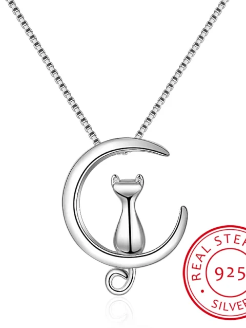 925 Sterling Silver Necklace For Women Moon Kitten Cat Necklaces & Pendants Link Chain Kolye S-n187