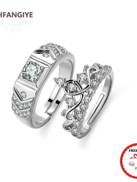 Trendy 925 Silver Jewelry Rings with Zircon Gemstone Crown Shape 2 in 1 Open Finger Ring Set for Women Men Lover Wedding Promise