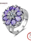 Trendy Rings 925 Silver Jewelry Ornaments Flower Shape Amethyst Zircon Gemstones Finger Ring Accessories for Women Wedding Party