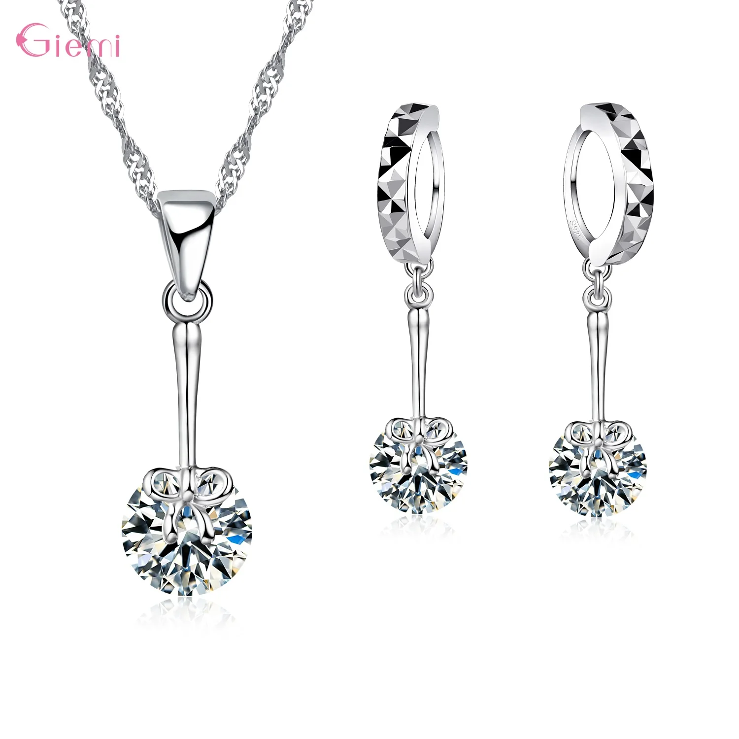 925 Sterling Silver Fashion Crystal Jewelry Set For Women Girls Pendant Necklace Earrings Set Trendy - Image 2