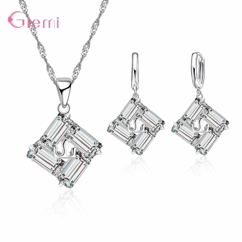 925 Sterling Silver Fashion Crystal Jewelry Set For Women Girls Pendant Necklace Earrings Set Trendy - Image 4