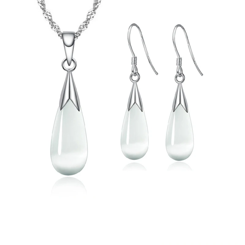 Pure 925 Sterling Silver Jewelry Set Simple White Pink Water Drop Opal Cat Eye Stones Pendant Necklace/Hook Earrings/Chain - Image 2