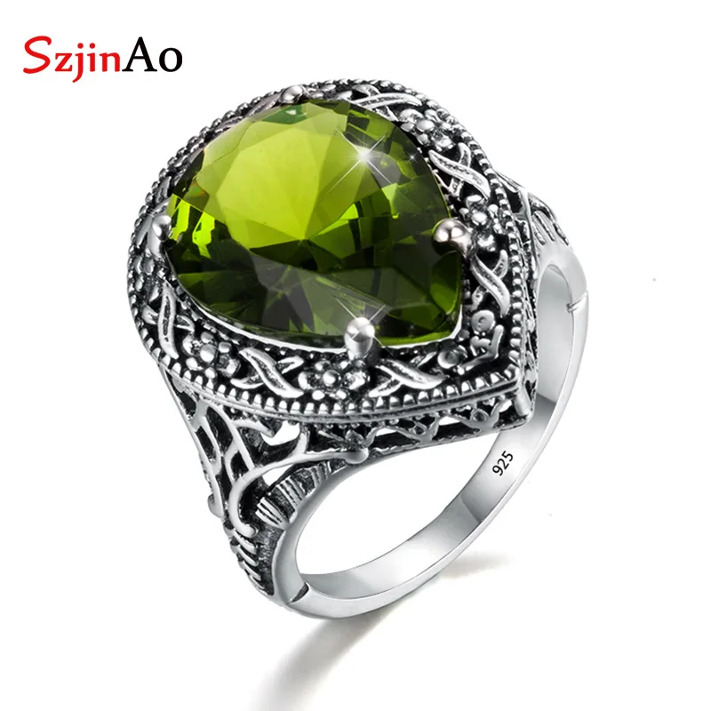 Szjinao Love Rings For Women Antique Jewelry Green Olivine Women Authentic 925 Sterling Silver Ring Tibetan Handmade Ring