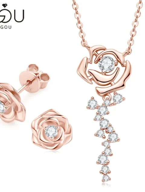 Vintage Rose Moissanite 925 Sterling Silver Jewelry Sets for Women Rose Gold Color Pendant Necklace Stud Earrings Birthday Gifts