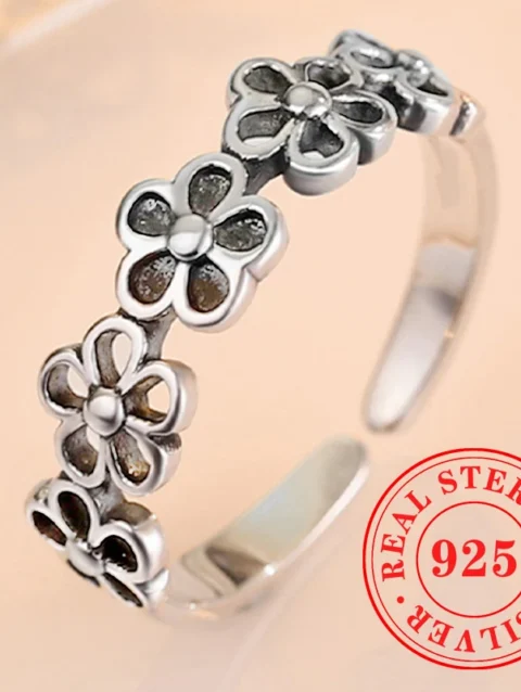 Huitan 925 Sterling Silver Black Flower Opening Rings Women Antique Hollow-out Adjustable Finger Accessory Vintage Party Jewelry