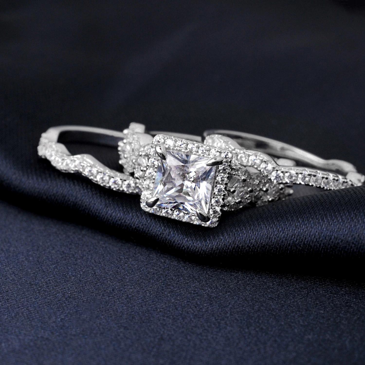 Potiy 3Pcs 925 Sterling Silver Halo Wedding Engagement Ring Set for Women 2.9ct Princess Cut AAAAAA CZ Fashion Jewelry - Image 3