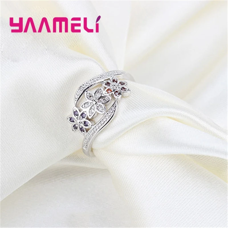 Elegance Three Color CZ Crystal Flower Ring Women Girls Fashion 925 Sterling Silver Ring Wedding Lady Jewelry - Image 3