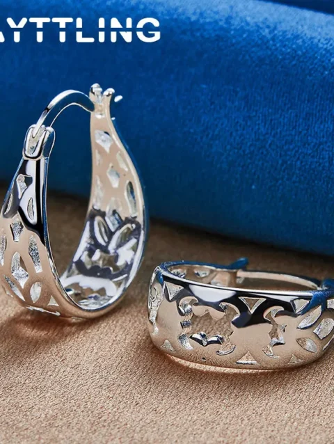 New Fashion 925 Sterling Silver 20MM U Earrings For Women Beautiful Pattern Jewelry Wedding Party Favors Accessories