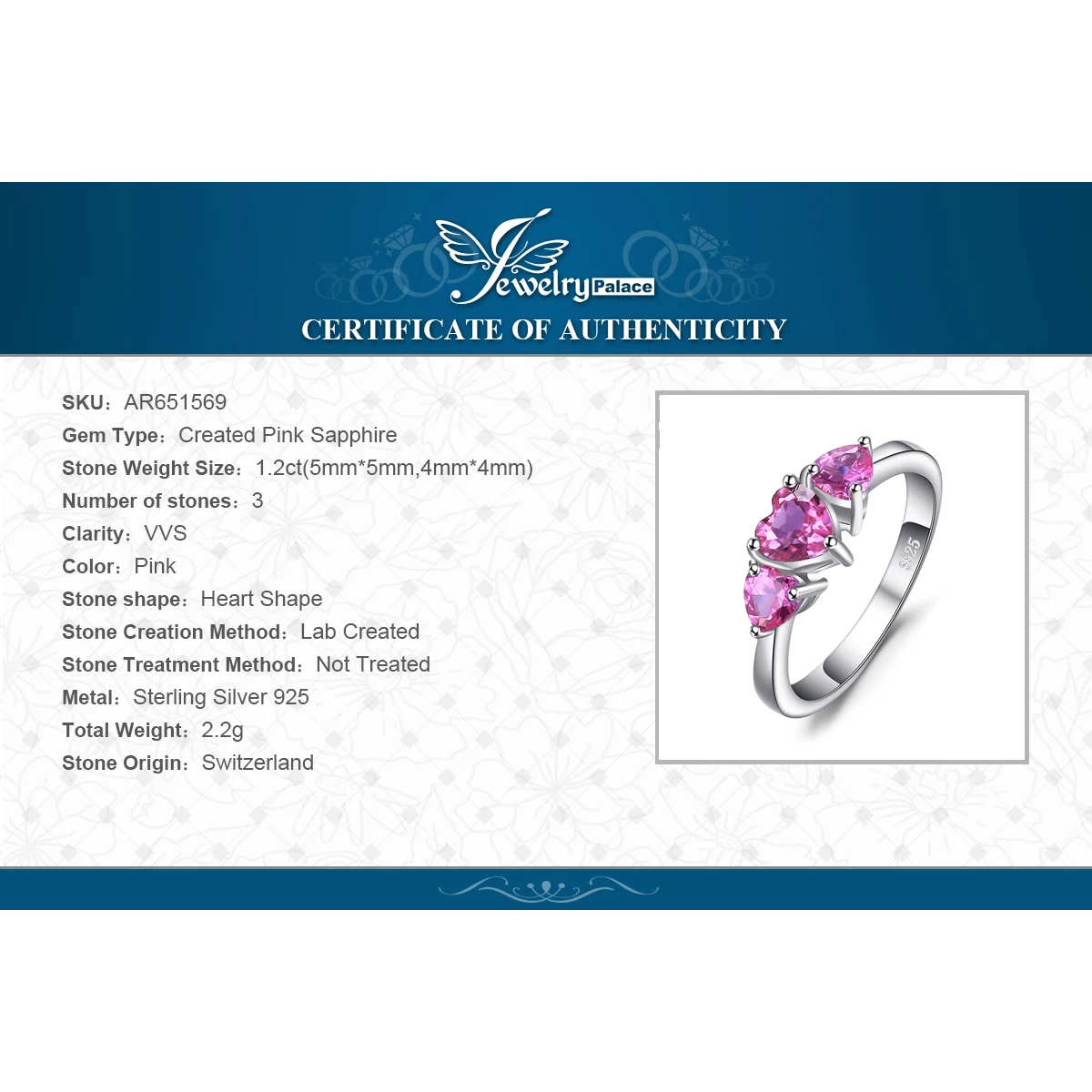 JewelryPalace Love Heart 1.2ct Created Pink Sapphire 925 Sterling Silver 3 stone Ring for Women Fashion Engagement Wedding Gift - Image 6