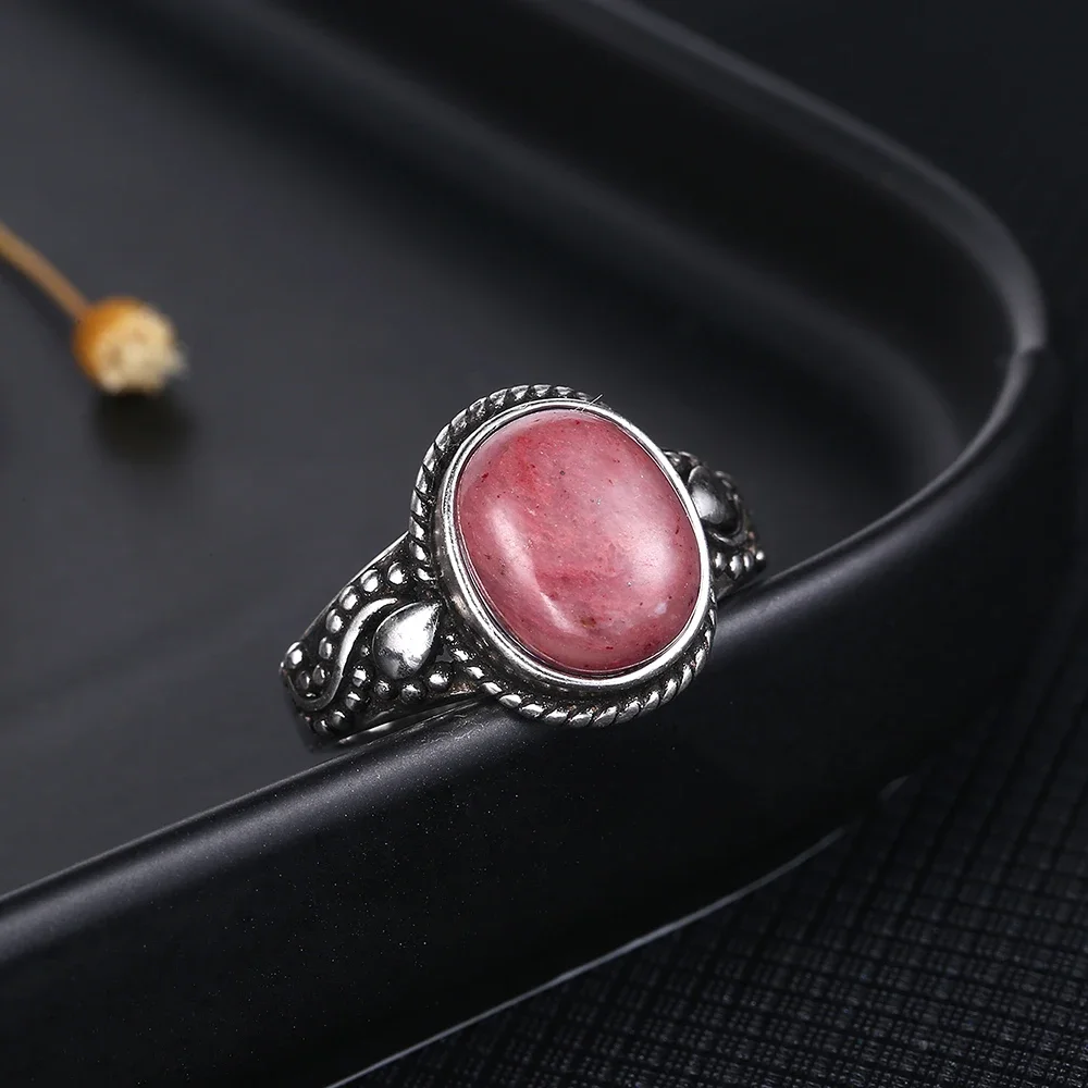 S925 Sterling Silver Rings Oval Natural Rhodochrosite Tiger Eye Rings for Women Wedding Engagement Ring Trendy Jewelry Gift - Image 4