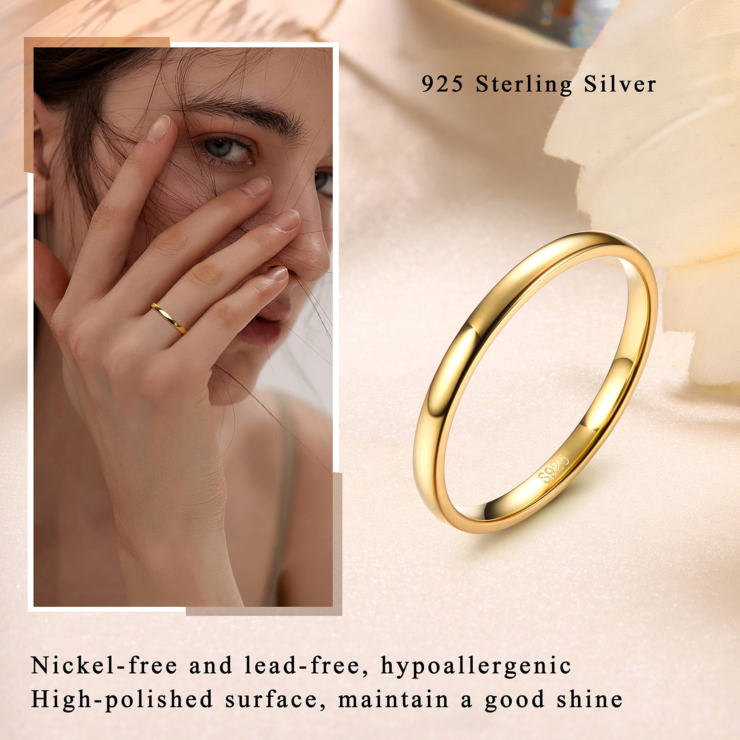 Fansilver 925 Sterling Silver Rings for Women Men 18k Gold Plated Stackable Band Rings High Polish Wedding Gold Band Wholesale - Image 2