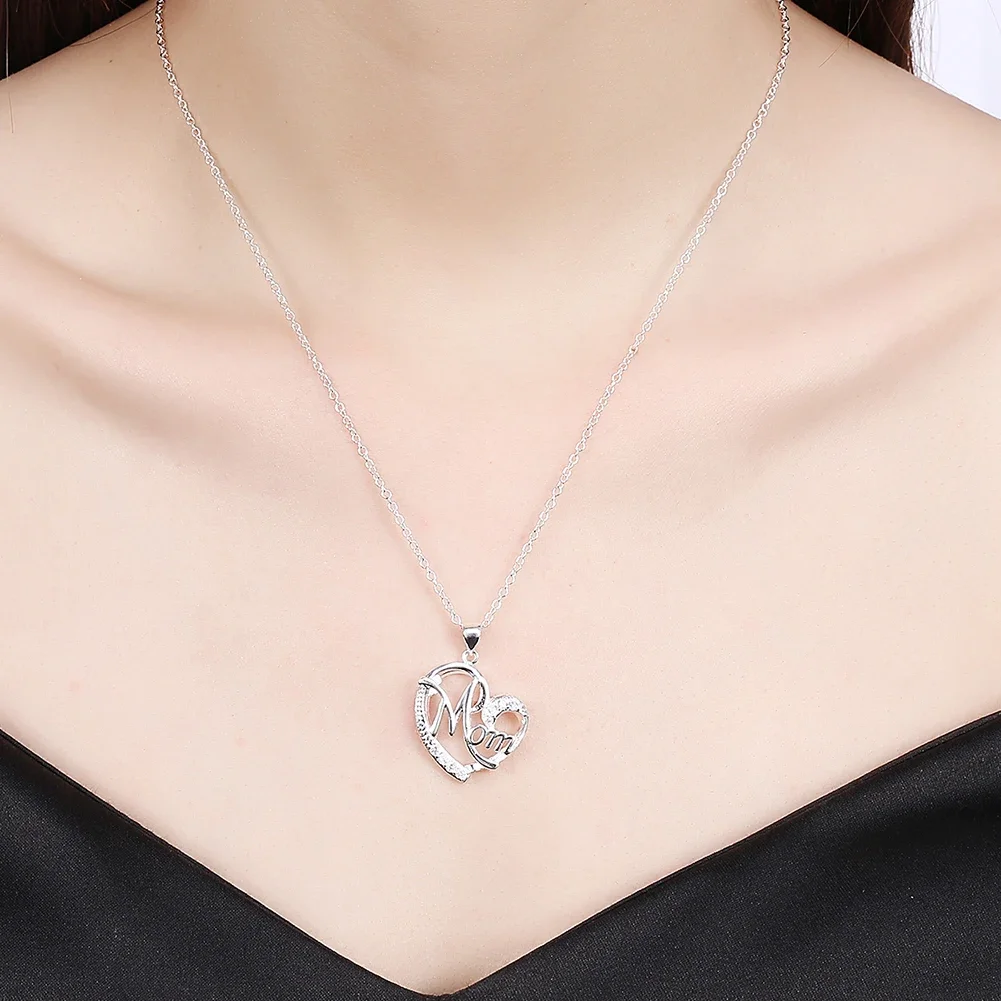 High quality 925 Sterling Silver Charm Elegant MOM Zircon Heart Pendant Necklace for Women Fashion fine Jewelry Mother Day Gift - Image 4