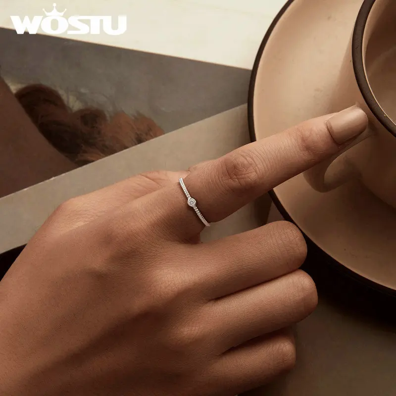 WOSTU 925 Sterling Silver Simple Geometric Stackable Ring For Women Wedding Engagement Shiny Zircon Promise Rings Party Jewelry - Image 3
