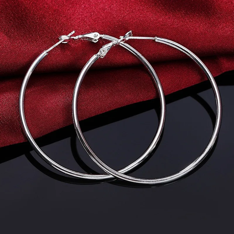925 Sterling Silver Smooth 50/60/70/80mm Round Circle Hoop Earrings For Women Fashion Charm Engagement Wedding Jewelry