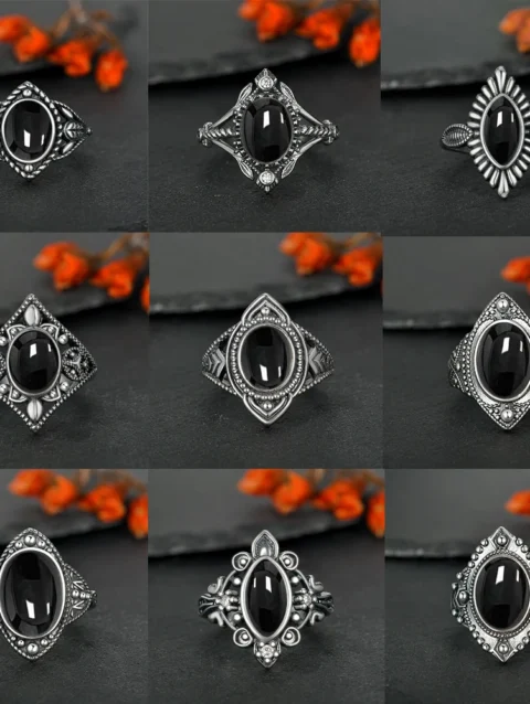 Vintage 925 Silver Ring Natural Black Agate Denier Type Horse Eye Design for Women Men Exquisite Packing Gift Engagement ring