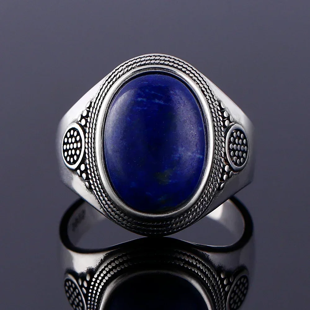 925 Sterling Silver Ring Oval Natural Lapis Rings for Men Women Anniversary Gift Vintage Jewelry - Image 3