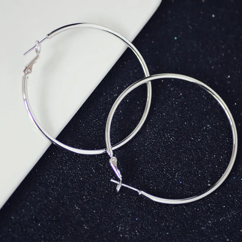 925 Sterling Silver Smooth 50/60/70/80mm Round Circle Hoop Earrings For Women Fashion Charm Engagement Wedding Jewelry - Image 3