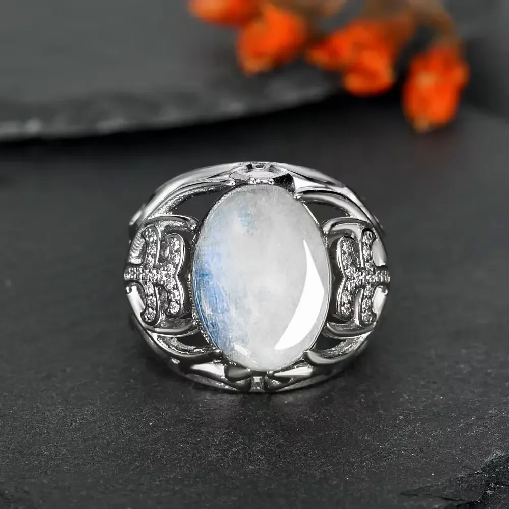 925 Sterling Silver Ring Natural Stone Moonstone for Women Flower Shaped Hollow Ring Fashion Exquisite Jewelry Gift Retro - Image 4