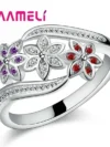 Elegance Three Color CZ Crystal Flower Ring Women Girls Fashion 925 Sterling Silver Ring Wedding Lady Jewelry