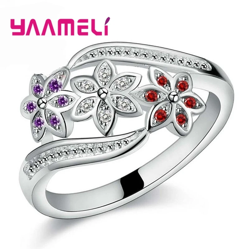 Elegance Three Color CZ Crystal Flower Ring Women Girls Fashion 925 Sterling Silver Ring Wedding Lady Jewelry