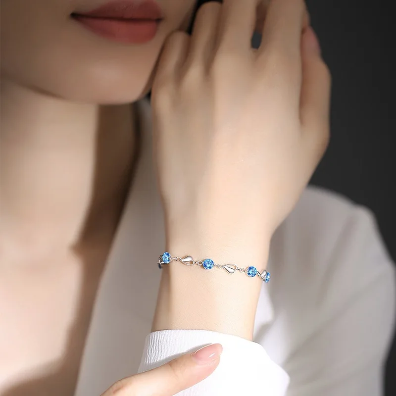 925 Sterling Silver Ocean Heart Bracelets For Women Vintage Korean Versatile Blue Crystal Charm Bracelets Original Party Jewelry - Image 2