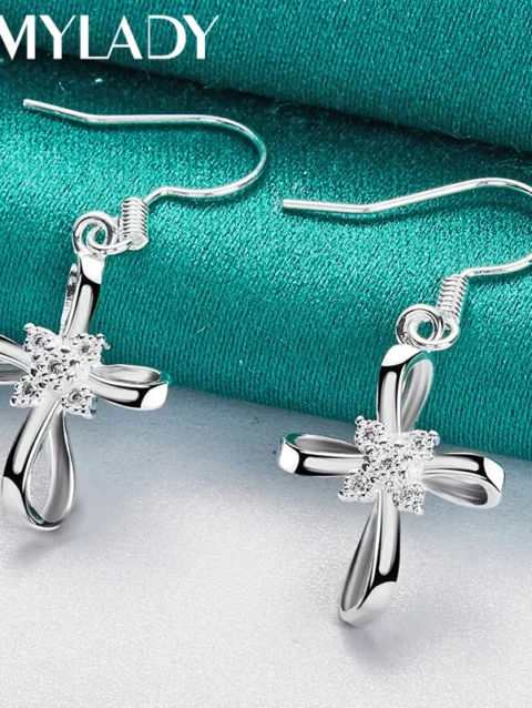 URMYLADY 925 Sterling Silver Bowknot Zircon Earrings For Women Wedding Party Charm Jewelry