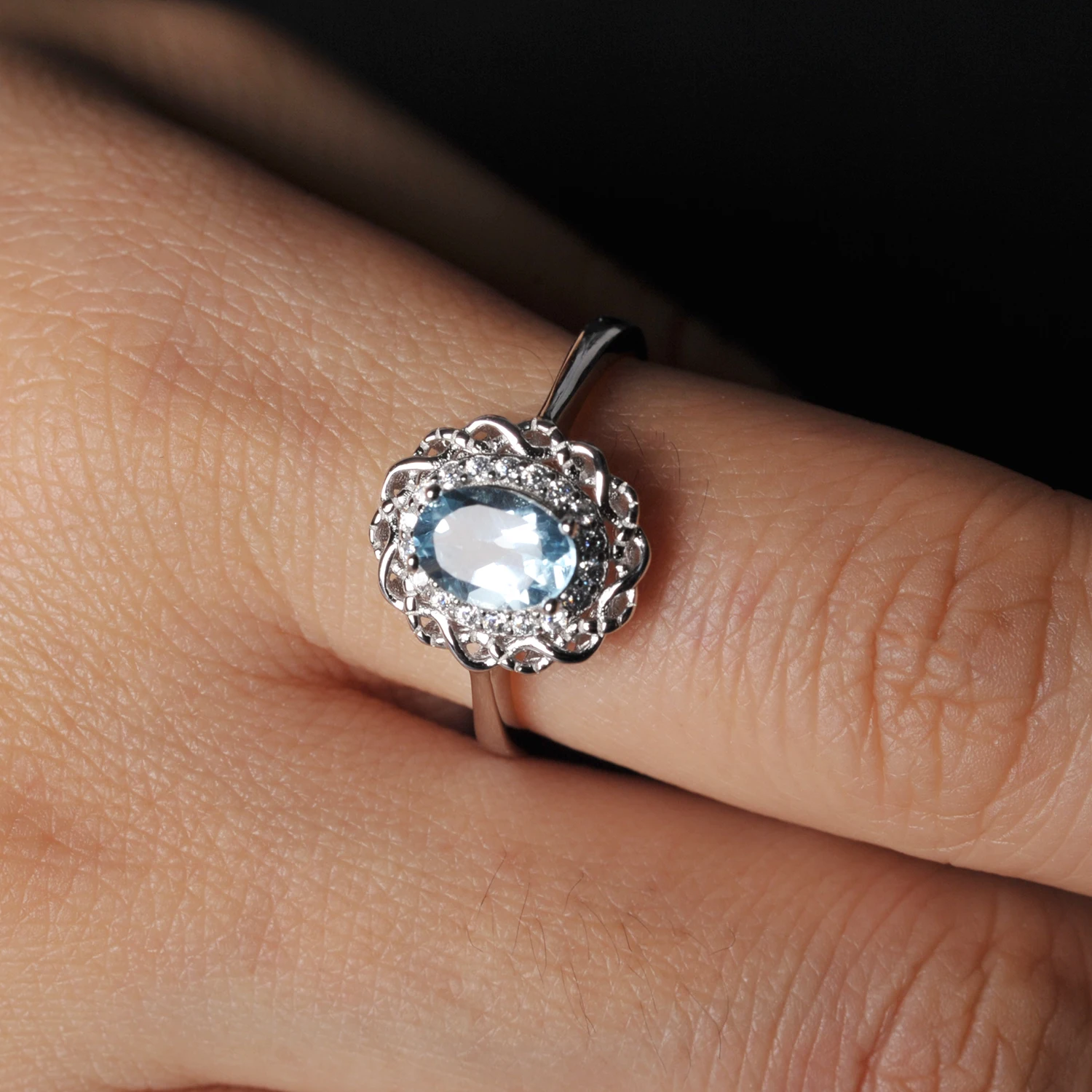 Potiy Infinity Genuine Oval Sky Blue Topaz 925 Sterling Silver Halo Ring for Woman Gemstone Fine Jewelry Anniversary Gift - Image 4
