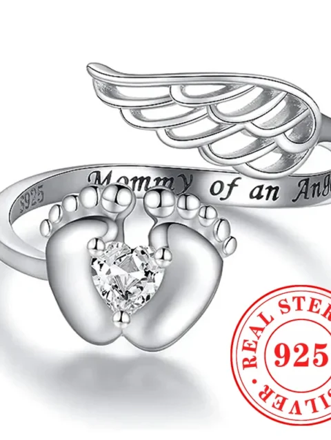 Huitan 925 Sterling Silver Mommy of an Angel Opening Rings for Women Angel Wing and Baby Feet Design Jewelry Mother’s Best Gift
