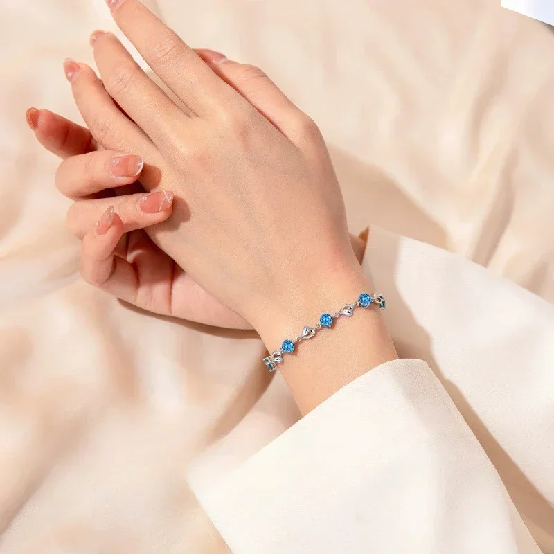 925 Sterling Silver Ocean Heart Bracelets For Women Vintage Korean Versatile Blue Crystal Charm Bracelets Original Party Jewelry - Image 3