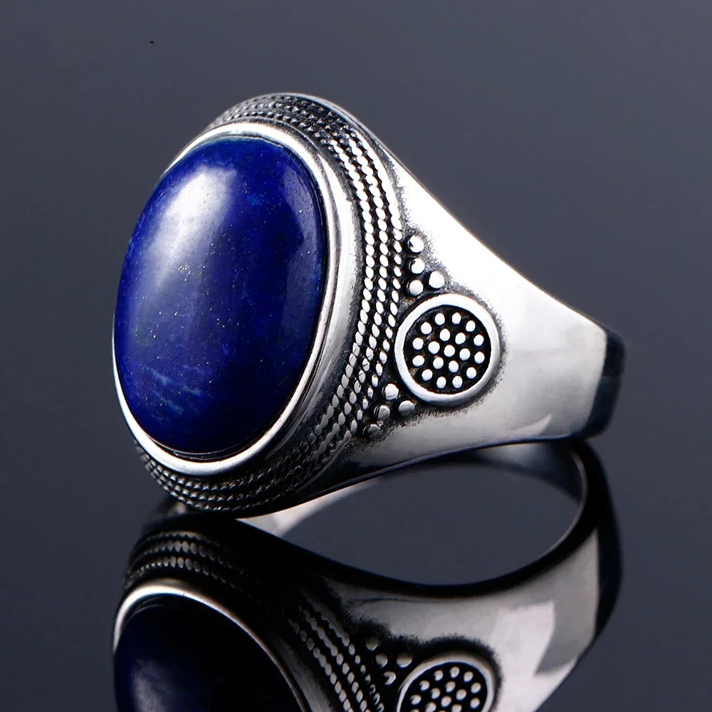 925 Sterling Silver Ring Oval Natural Lapis Rings for Men Women Anniversary Gift Vintage Jewelry - Image 2
