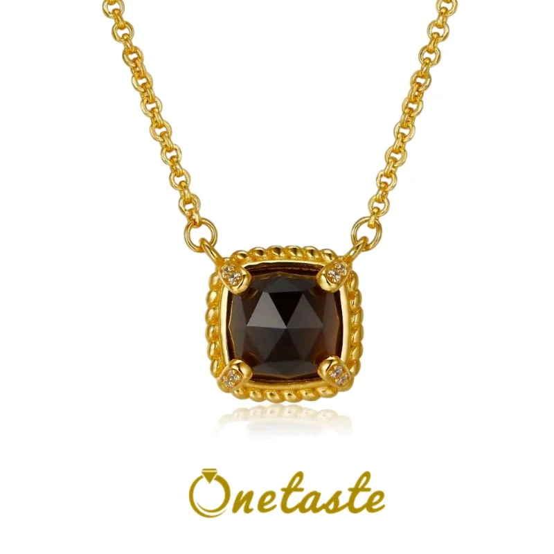 Natural Smoky Quartz 925 Silver Gold Plated Pendant Necklace Women Square Stone Minimalism Geometric Chokers Necklaces 2023 New