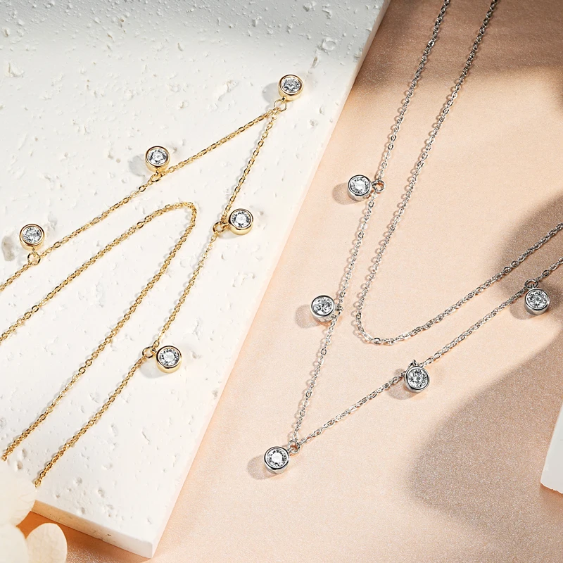 IOGOU Original 925 Silver Double Chain Necklaces 4mm 1.5cttw Round VVS1 Moissanite Layered Necklace for Women Collar Jewelry GRA - Image 3