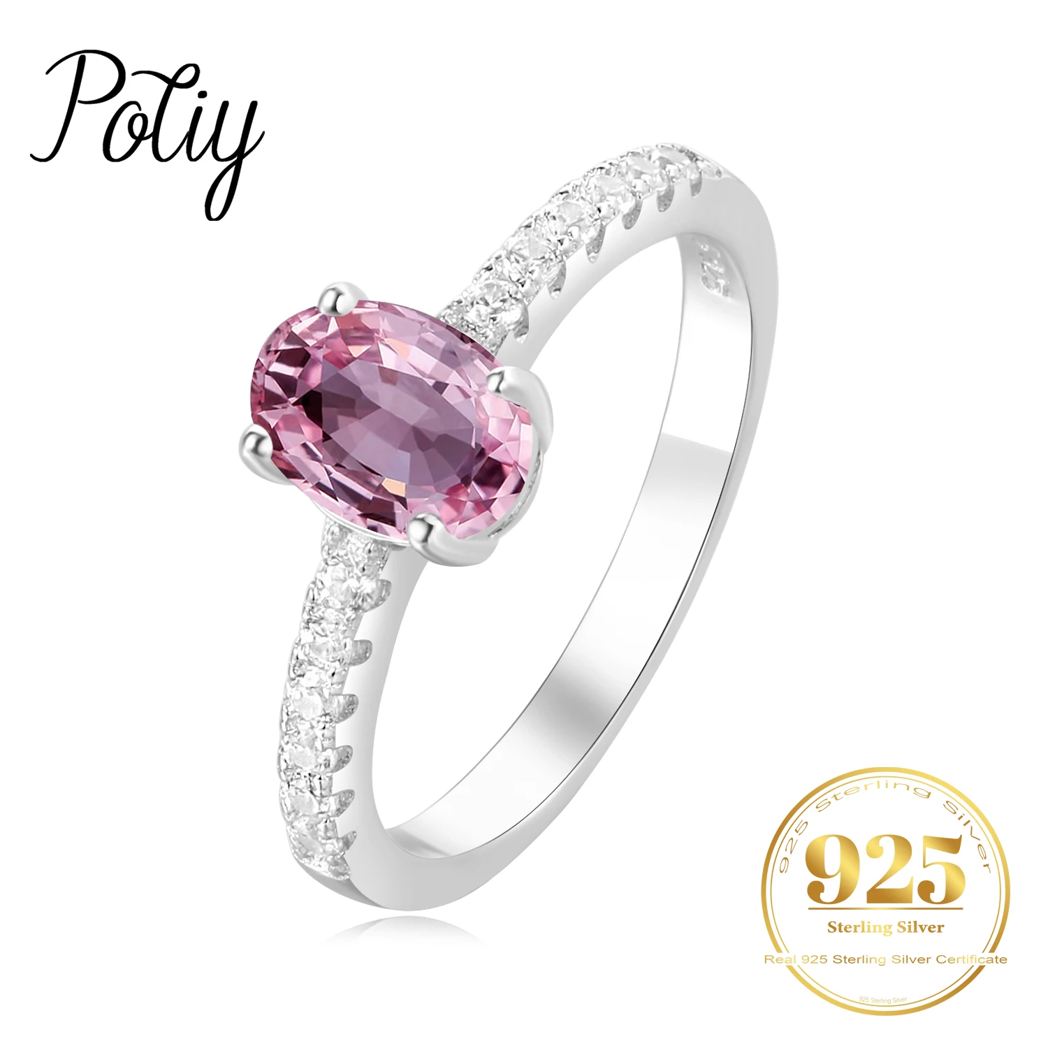 Potiy Genuine Natural Oval Pink Topaz 925 Sterling Silver Solitaire Ring for Woman Fashion Gemstone Fine Jewelry Wedding