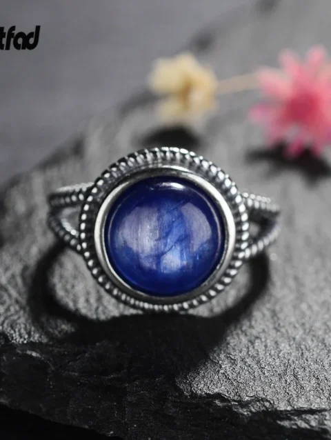 Vintage Natural Round 10mm Kyanite Rings for Women 925 Sterling Silver Ring Fine Jewelry Party Anniversary Gift