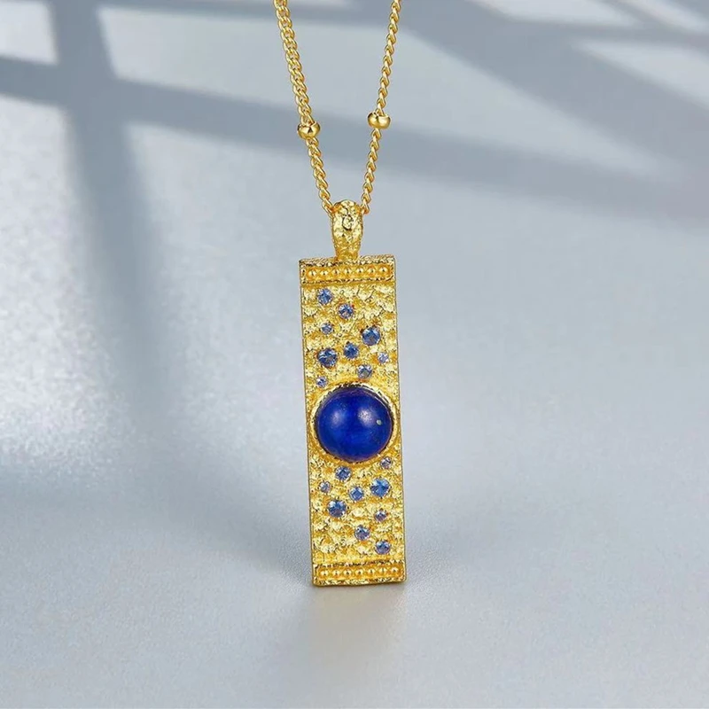 Natural Lapis Lazuli S925 Silver Gold Plating Rectangle Pendant Necklace Women Blue Stone Geometric Luxury Necklaces 2023 New - Image 3