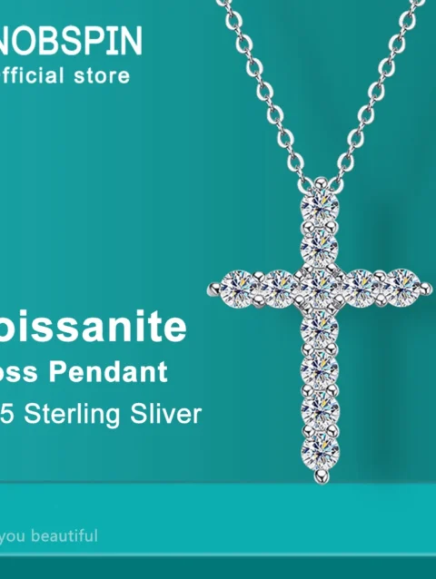 KNOBSPIN Full Moissanite Cross Pendant Necklace Original 925 Sterling Sliver Chain Plated 18k White Gold Fine Necklace for Women