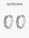 Modian 925 Sterling Silver Charm Original Geometric Ear Buckles Rainbow Color Enamel Hoop Earrings For Women Party Fine Jewelry