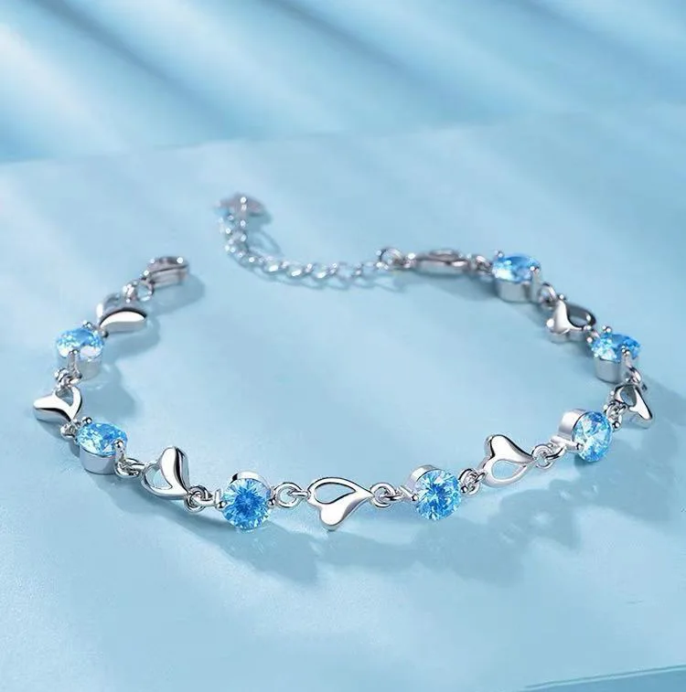 925 Sterling Silver Ocean Heart Bracelets For Women Vintage Korean Versatile Blue Crystal Charm Bracelets Original Party Jewelry - Image 4