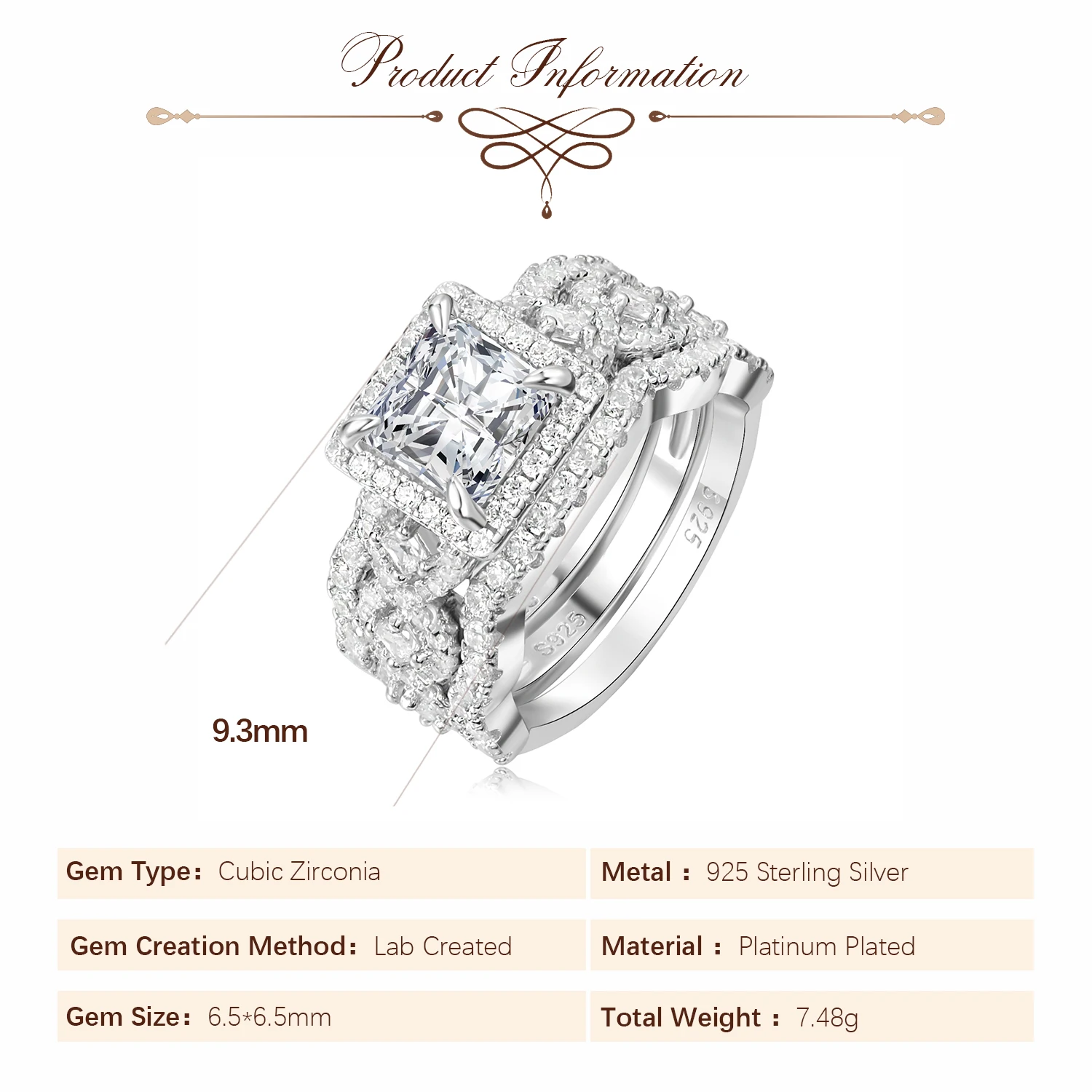 Potiy 3Pcs 925 Sterling Silver Halo Wedding Engagement Ring Set for Women 2.9ct Princess Cut AAAAAA CZ Fashion Jewelry - Image 5