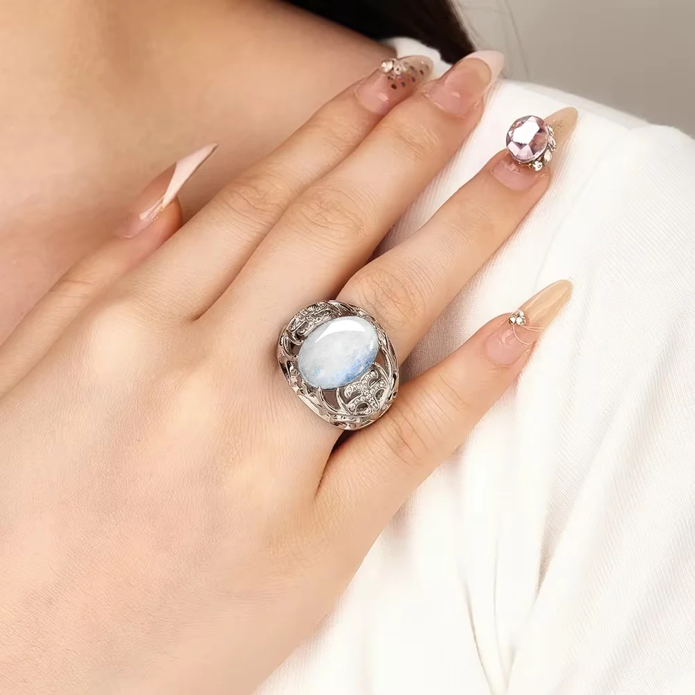 925 Sterling Silver Ring Natural Stone Moonstone for Women Flower Shaped Hollow Ring Fashion Exquisite Jewelry Gift Retro - Image 3