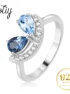 Potiy Pear Natural Sky London Blue Topaz 925 Sterling Silver Cocktail Ring for Woman Daily Gemstone Fine Jewelry Birthday Gift