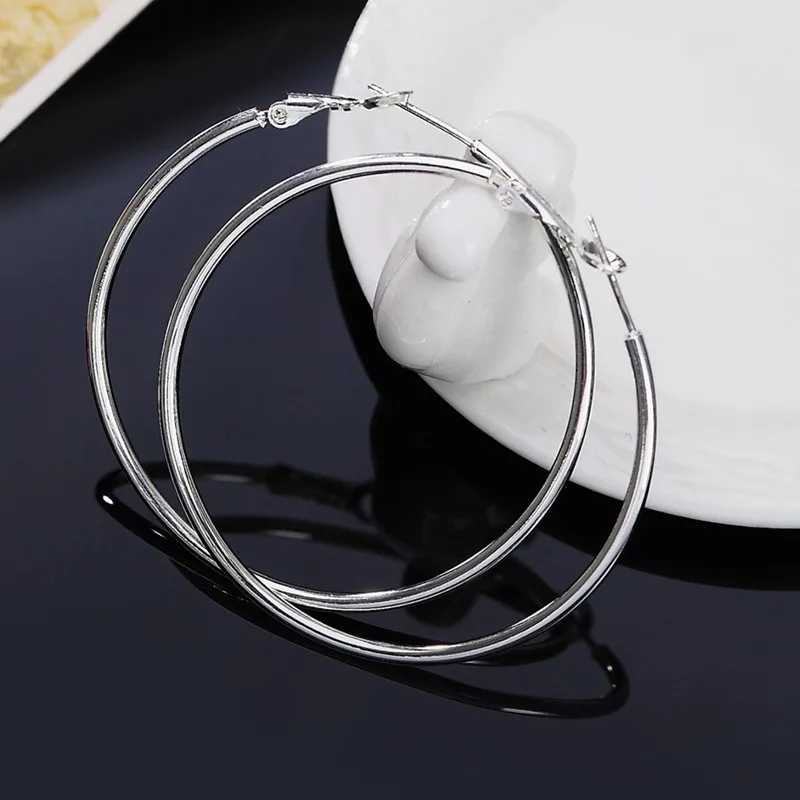 925 Sterling Silver Smooth 50/60/70/80mm Round Circle Hoop Earrings For Women Fashion Charm Engagement Wedding Jewelry - Image 5