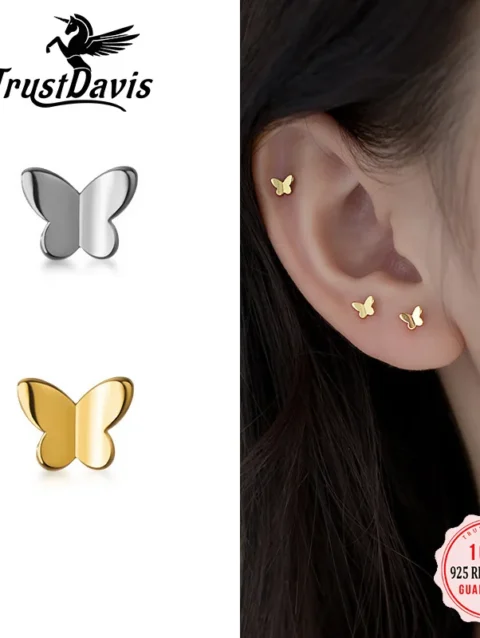 TrustDavis Real 925 Sterling Silver Fashion Sweet Insect Butterfly Charm Stud Earrings For Women Wedding Party Jewelry DS180